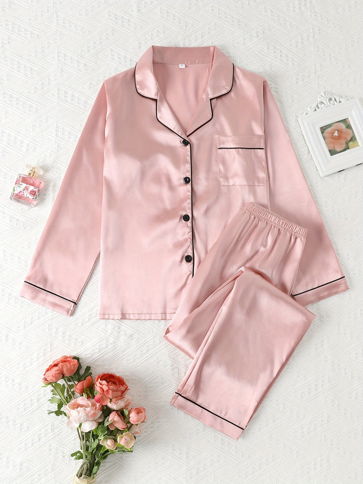 Dames pyjama set met satijnlook | Lange mouwen & knoopsluiting