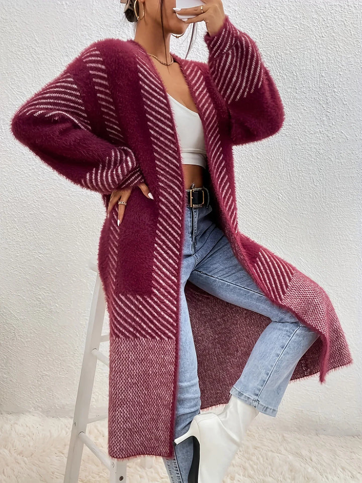 Dames vest | Lang zwart wit gebreide trui openvallend