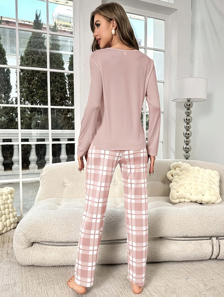 Dames pyjama set met hartprint en geruite broek | Lange mouwen