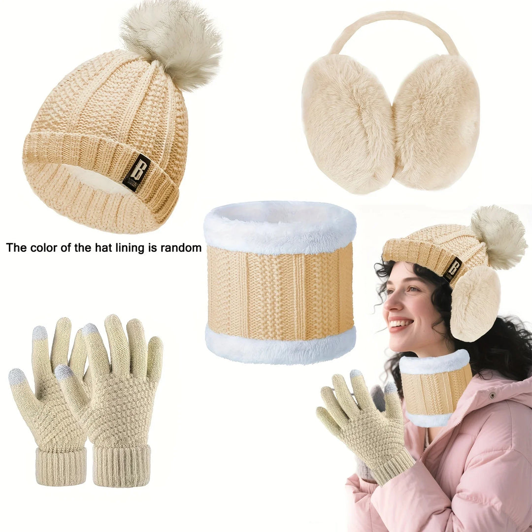 Winter accessoires dames | Gebreide muts met pompon, handschoenen, nekwarmer en oorwarmers set