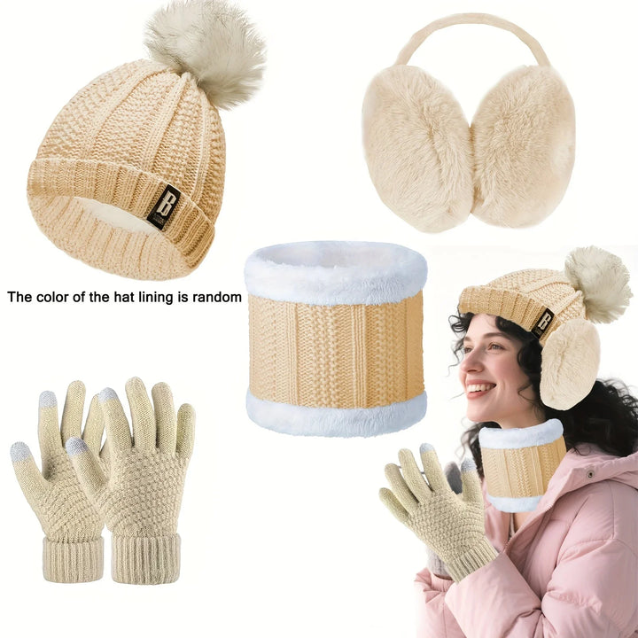 Winter accessoires dames | Gebreide muts met pompon, handschoenen, nekwarmer en oorwarmers set