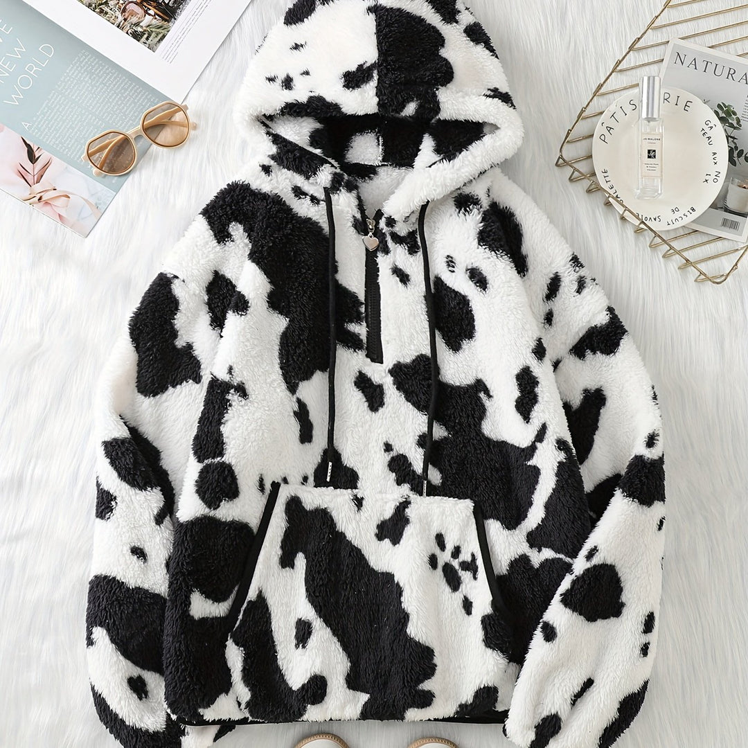 Dames zachte fleece hoodie met koeienprint & capuchon