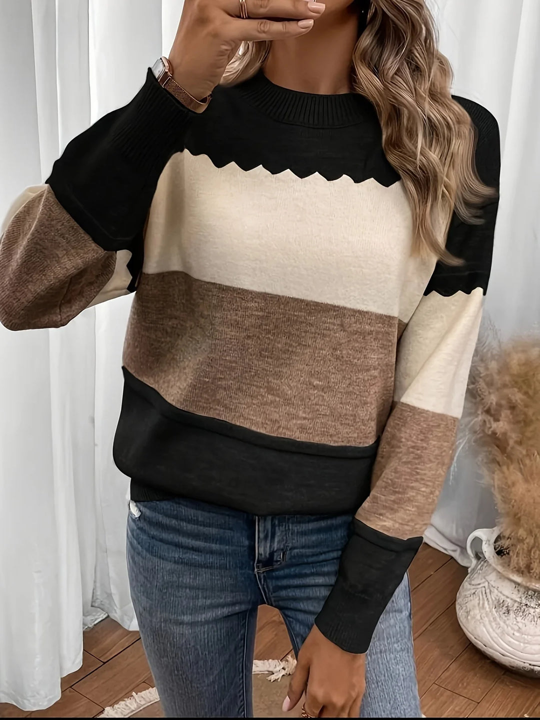Dames trui | Beige colorblock sweater met ronde hals