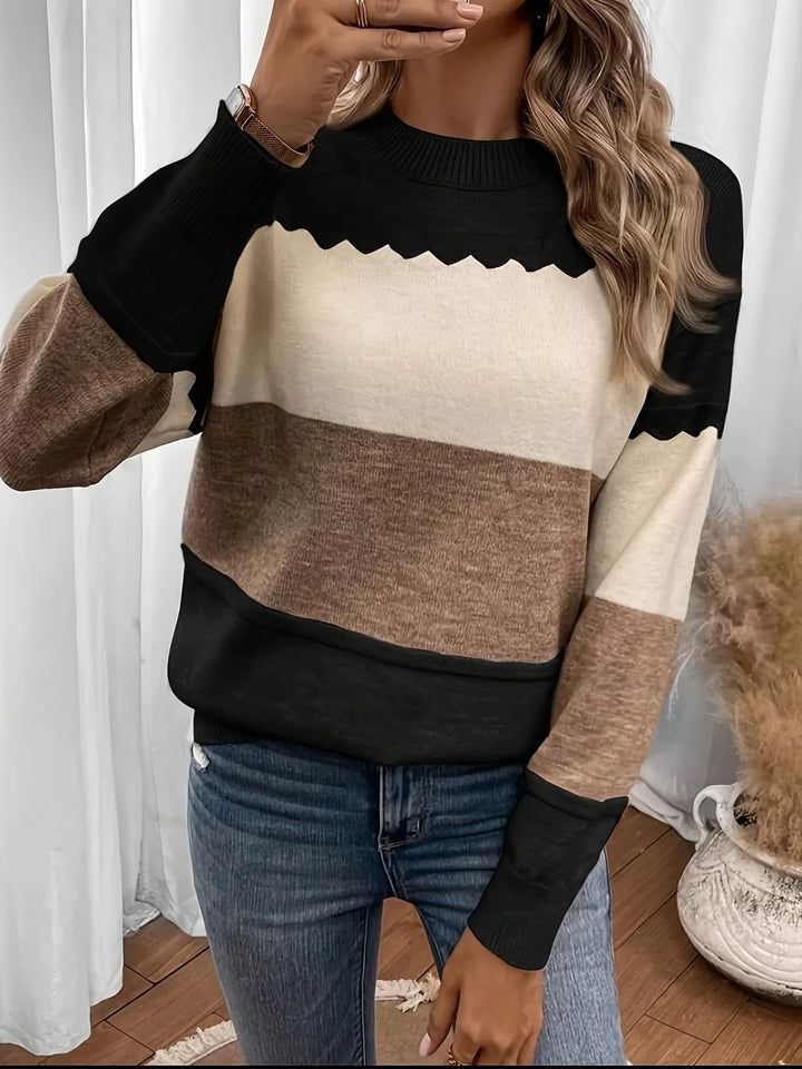 Dames trui | Beige colorblock sweater met ronde hals