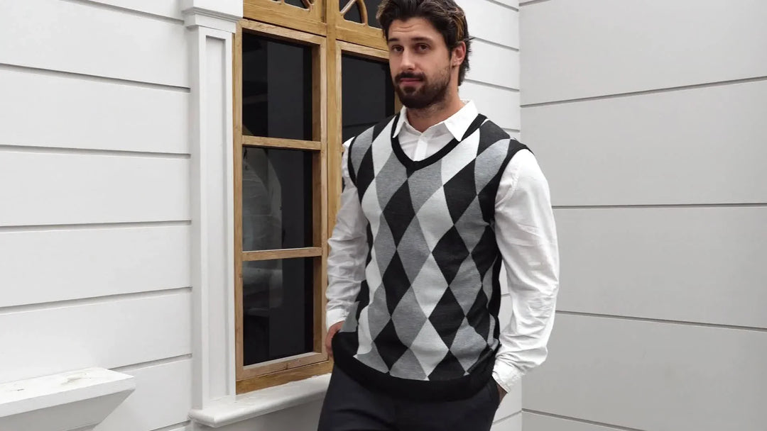 Heren pullover | Gebreide v-hals trui zonder mouwen met ruitpatroon