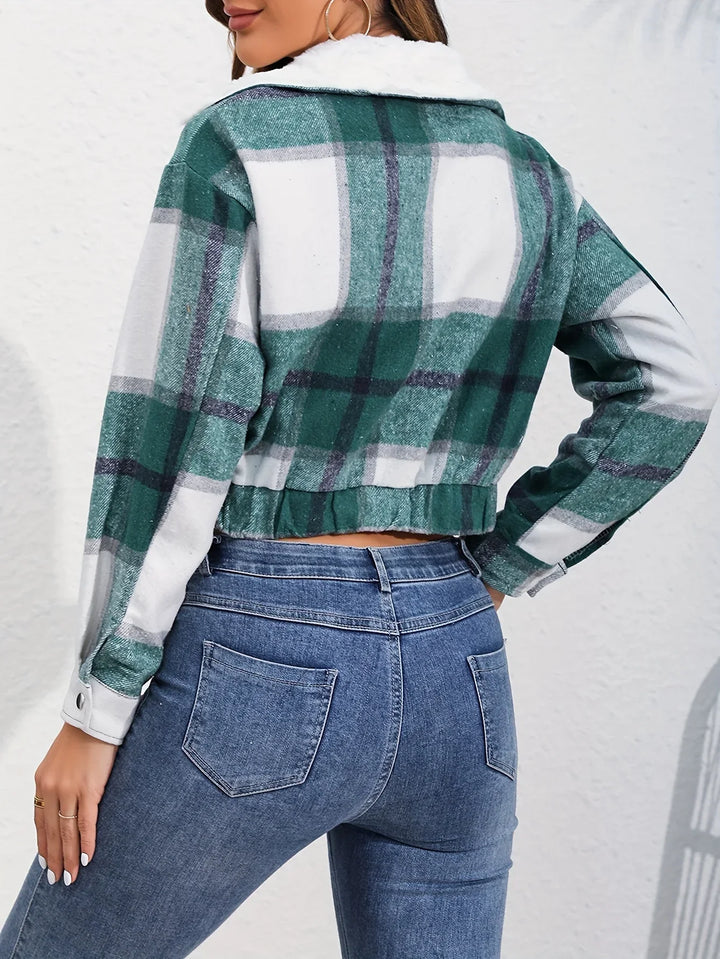 Dames bomberjack | Cropped ruit jas met kraag en knopen