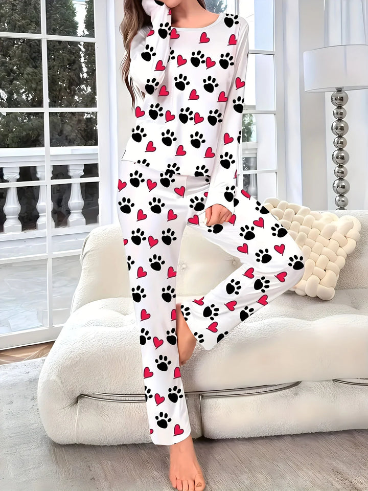 Dames pyjama set | Hartjes en pootafdruk print met lange mouwen