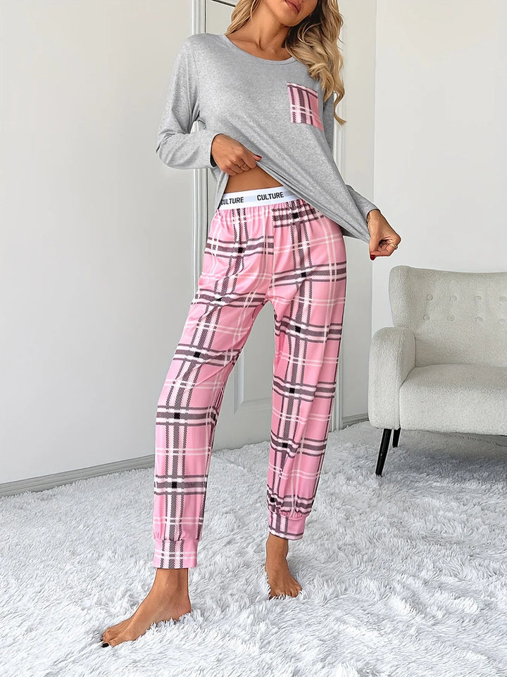 Dames pyjama set | Roze geruite broek met grijs shirt