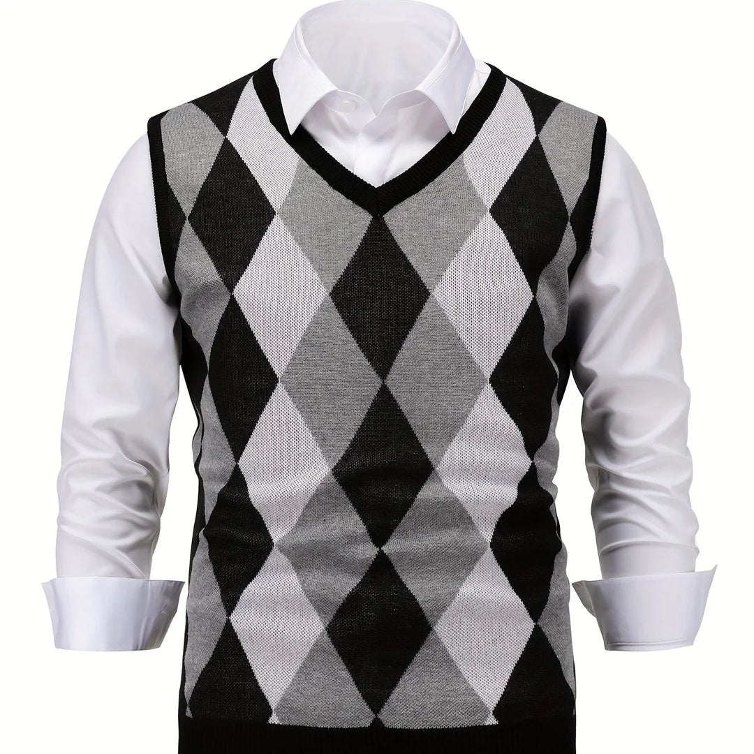 Heren pullover | Gebreide v-hals trui zonder mouwen met ruitpatroon