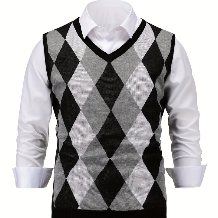 Heren pullover | Gebreide v-hals trui zonder mouwen met ruitpatroon