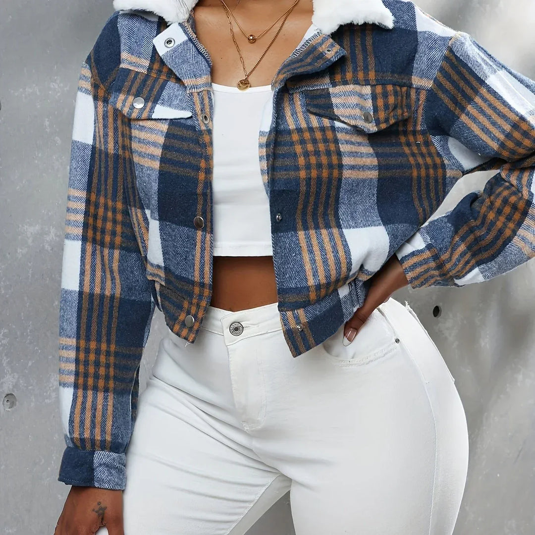 Dames bomberjack | Cropped ruit jas met kraag en knopen