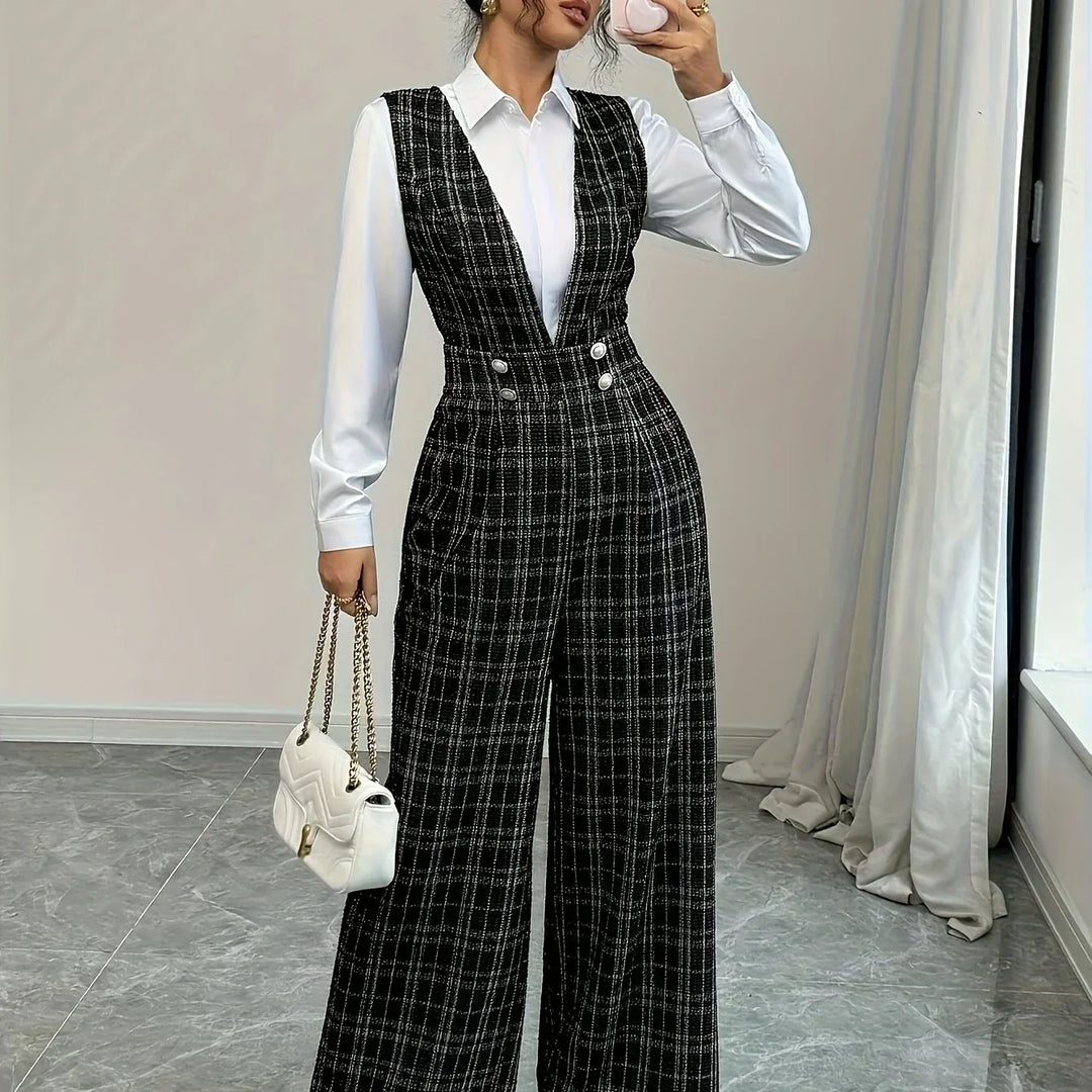 Dames jumpsuit | Ruit broekpak met v-hals en wijde pijpen