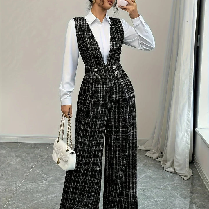 Dames jumpsuit | Ruit broekpak met v-hals en wijde pijpen
