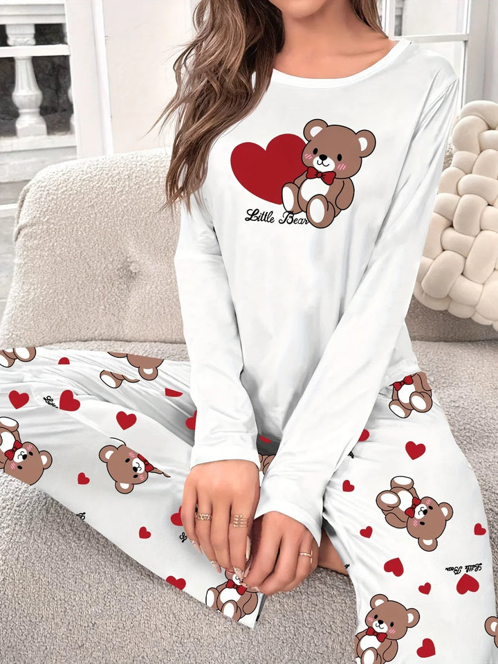 Dames pyjama set | Teddybeer print met lange mouwen