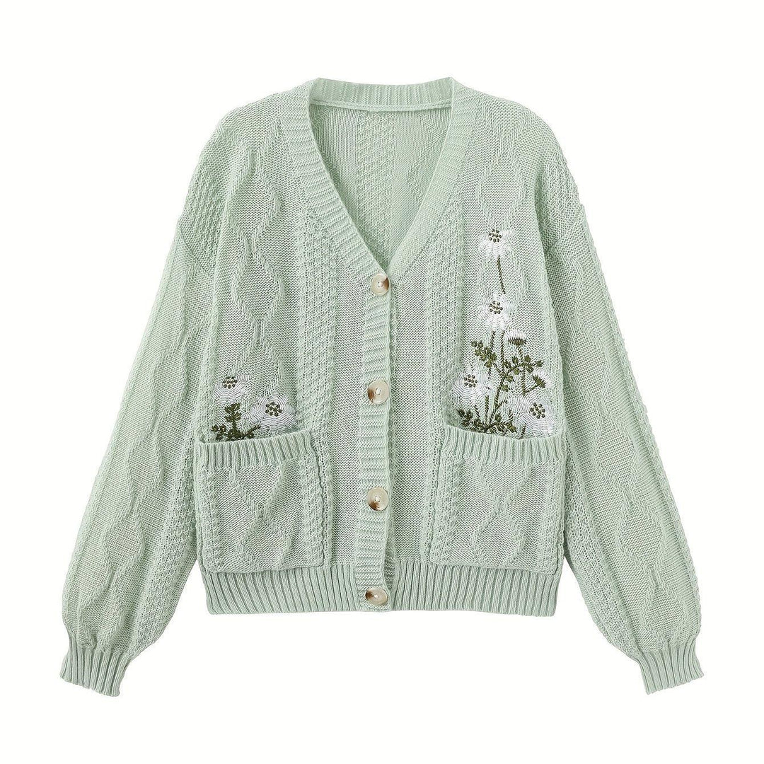 Dames vest | Gebreide trui met bloemenborduursel en knopen