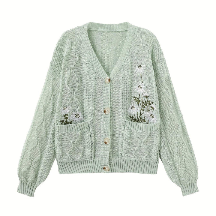Dames vest | Gebreide trui met bloemenborduursel en knopen