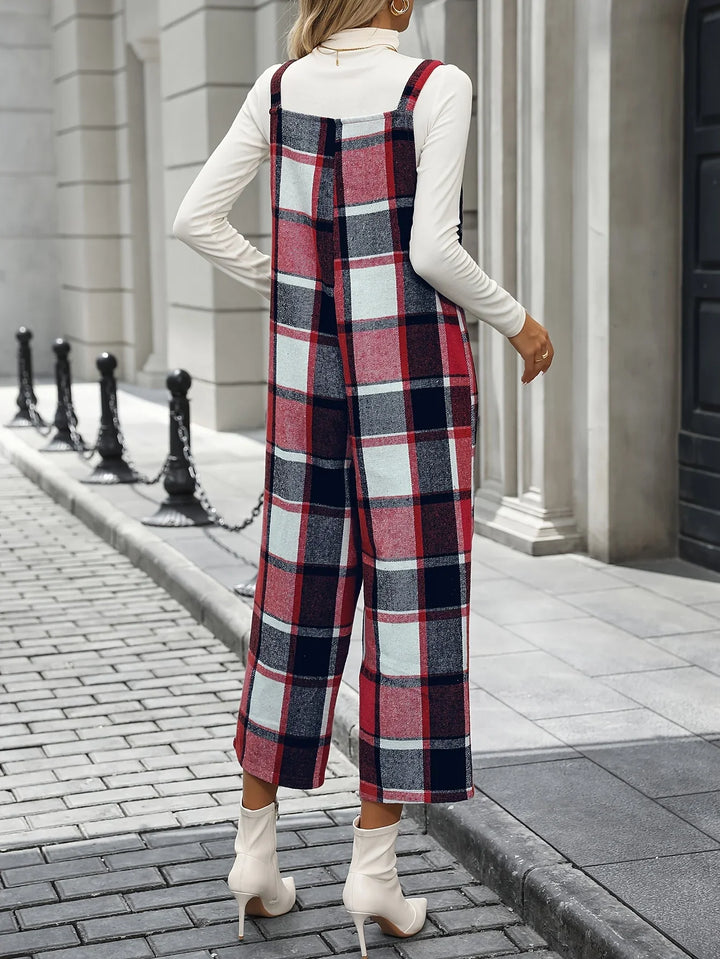 Dames jumpsuit | Ruit broekpak met square neck en wijde pijpen