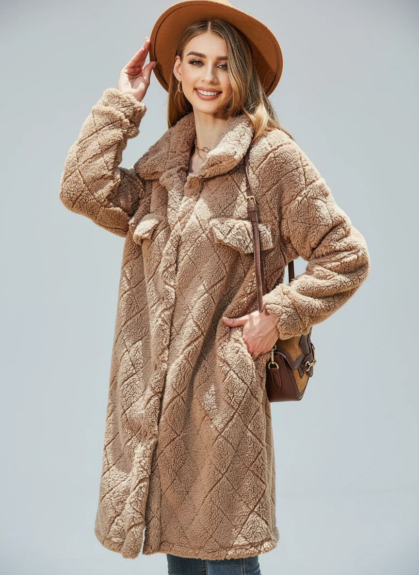 Lange Teddy Jas Dames – Zachte Fleece, Grote Kraag, Doorgestikt – Winterjas