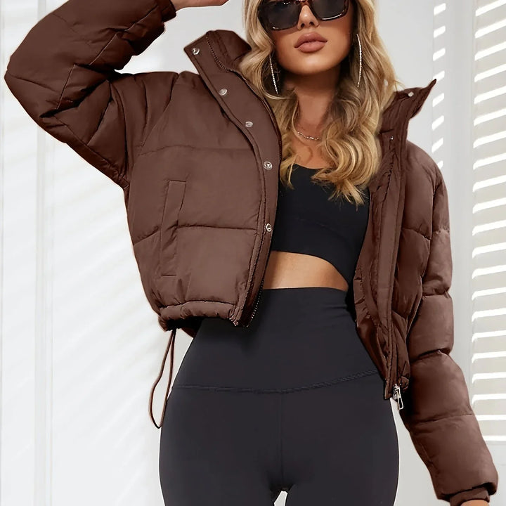 Dames puffer bomberjack | Beige gewatteerde winterjas met hoge kraag