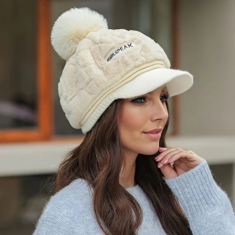 Muts dames met klep | Elegante gebreide winter baret met pompon