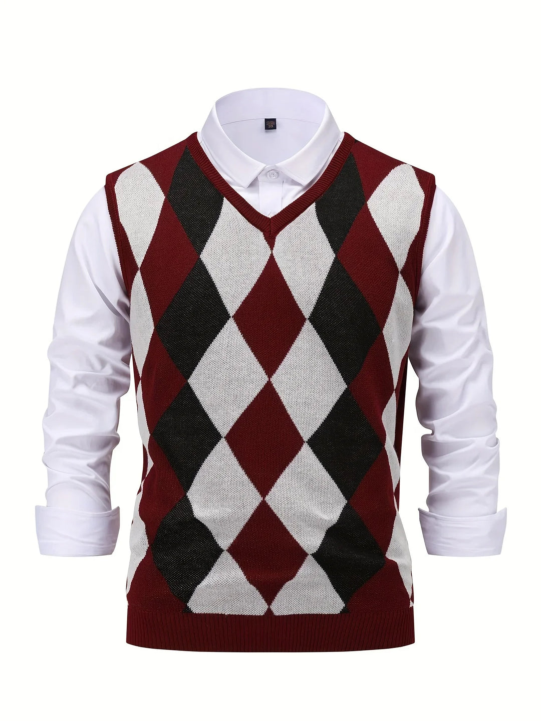 Heren pullover | Gebreide v-hals trui zonder mouwen met ruitpatroon
