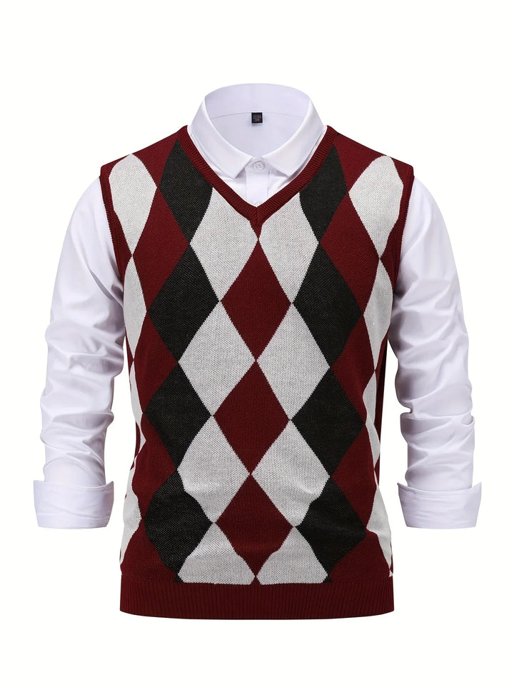 Heren pullover | Gebreide v-hals trui zonder mouwen met ruitpatroon