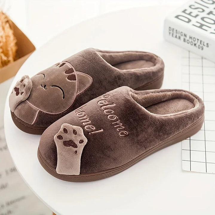 Warme pantoffels met kattenprint | Dames en heren sloffen met antislip zool