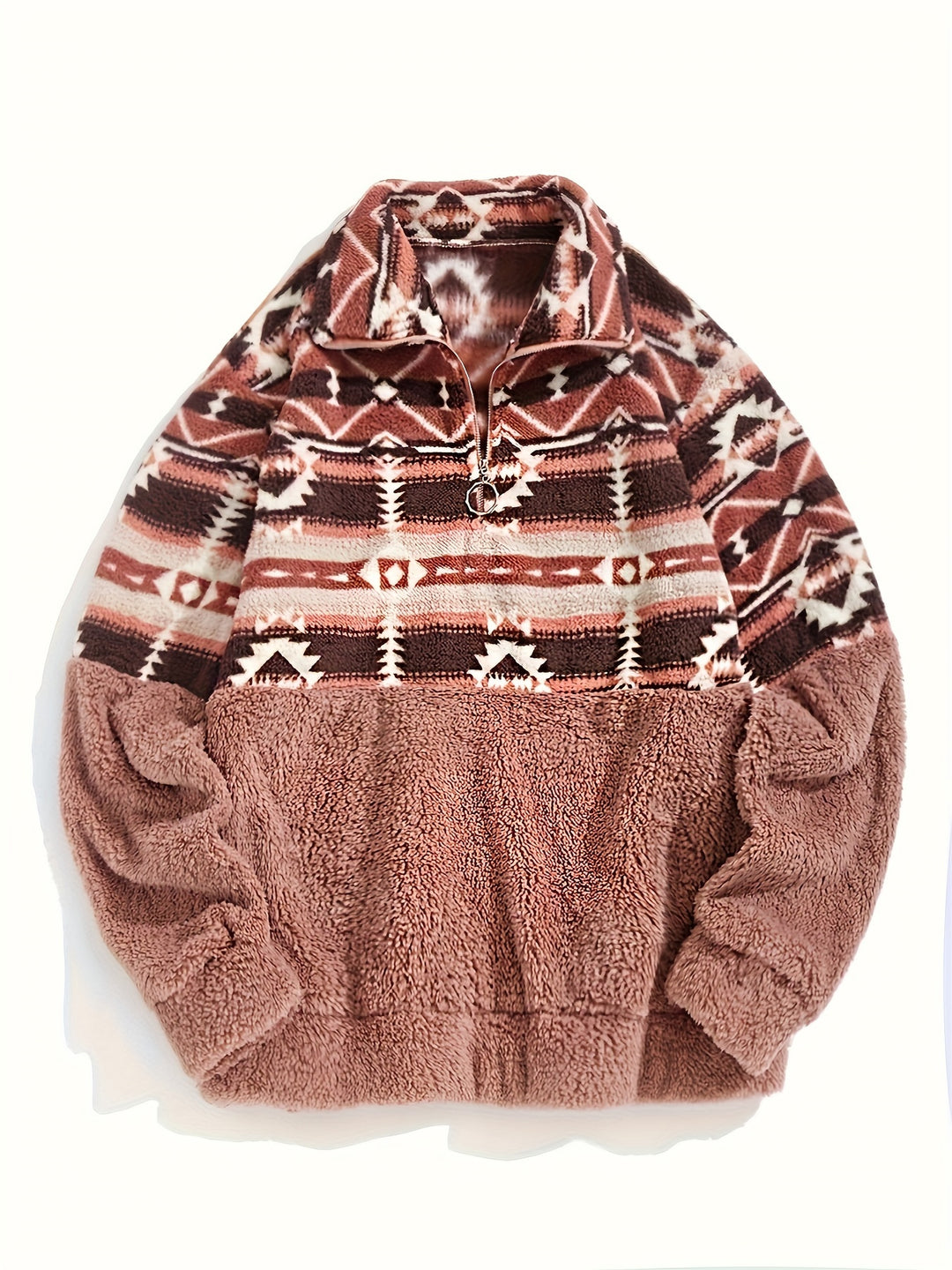 Dames sweater | Teddy fleece trui met halve rits en aztec print