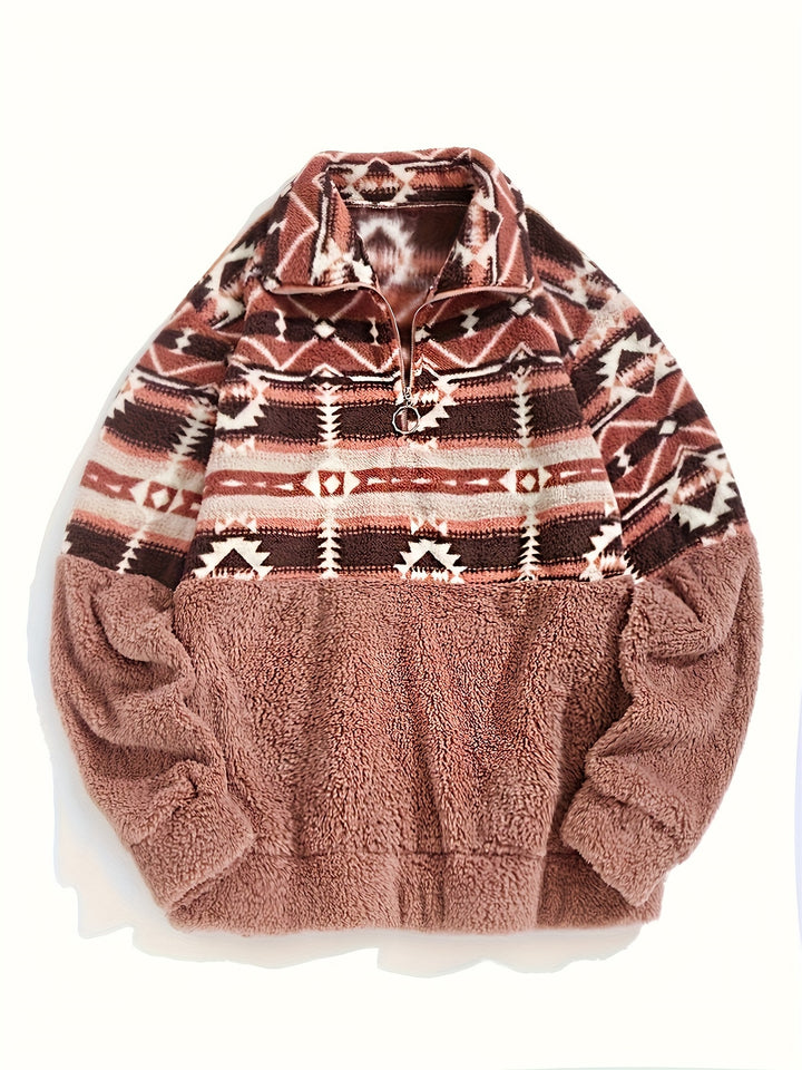 Dames sweater | Teddy fleece trui met halve rits en aztec print