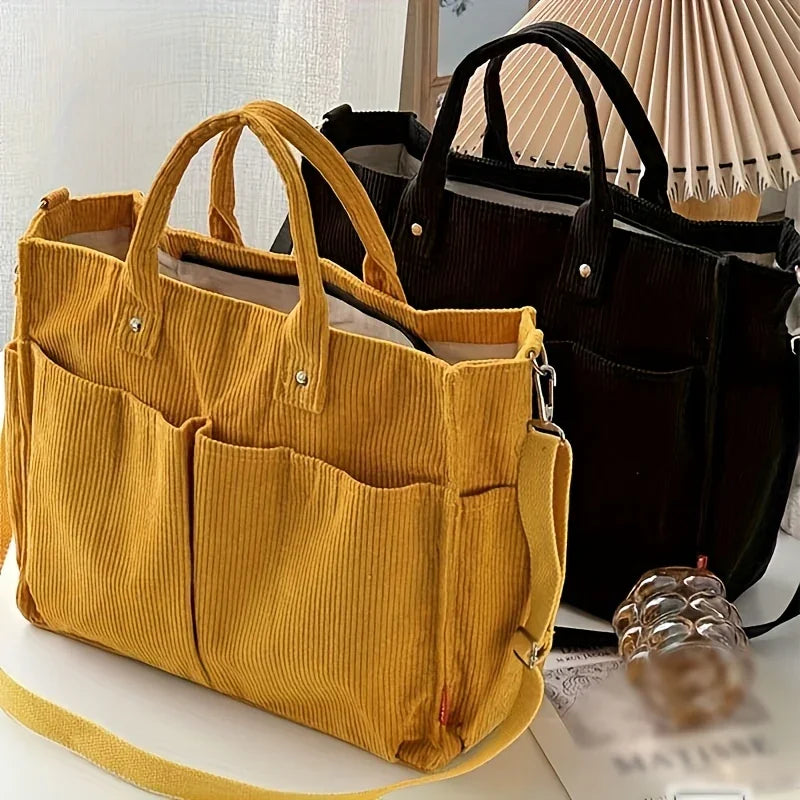 Dames tas | Gele corduroy tote met schouderband en vakken