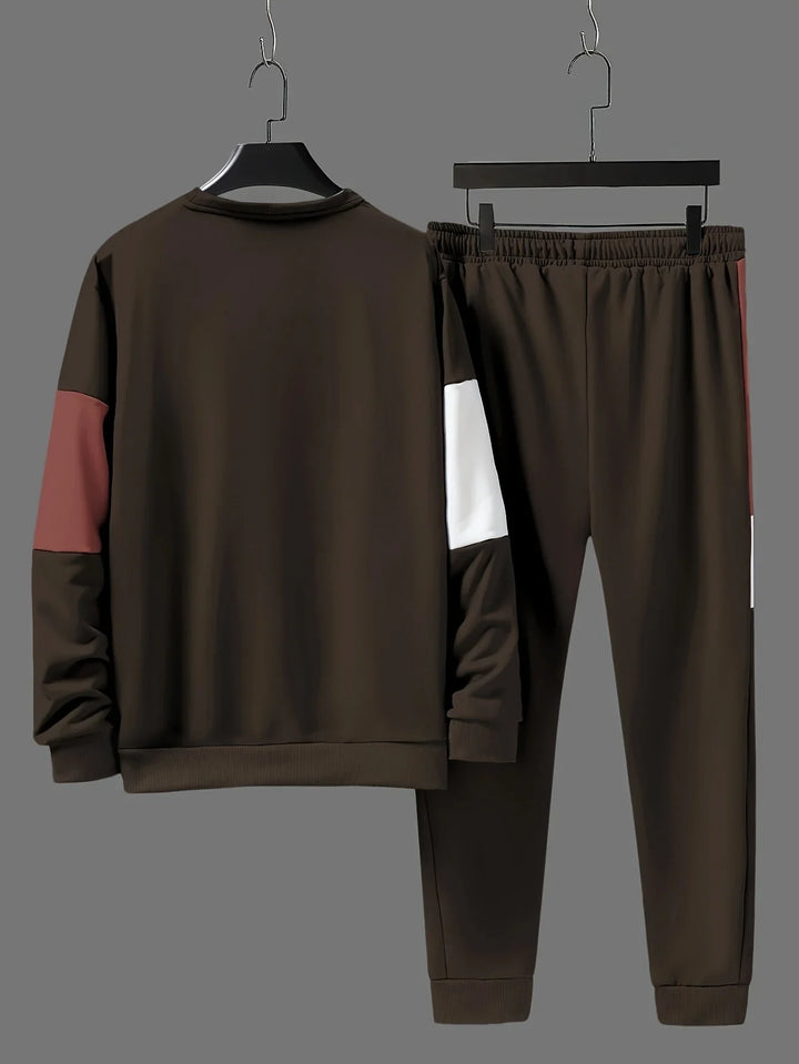 Heren trainingspak | Beige colorblock sweater met joggingbroek