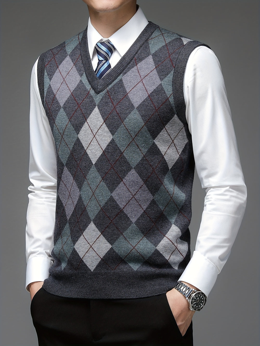 Heren pullover | Argyle gebreide trui zonder mouwen v-hals