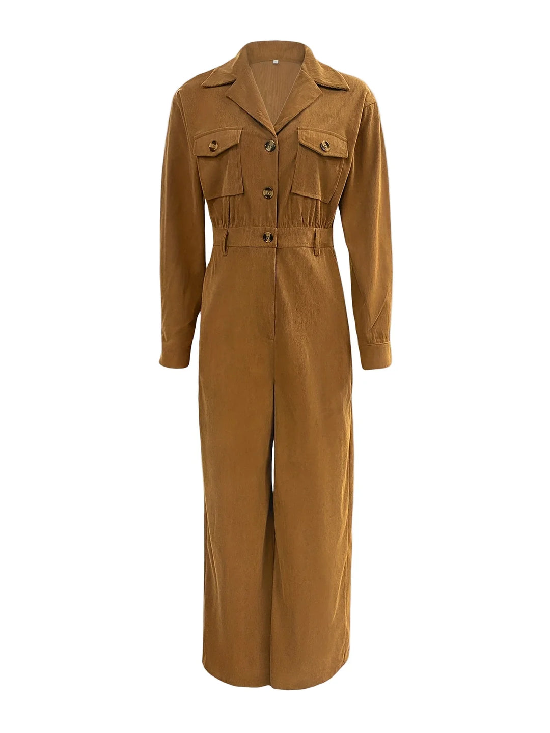 Dames jumpsuit | Corduroy broekpak bruin met knopen en lange mouw