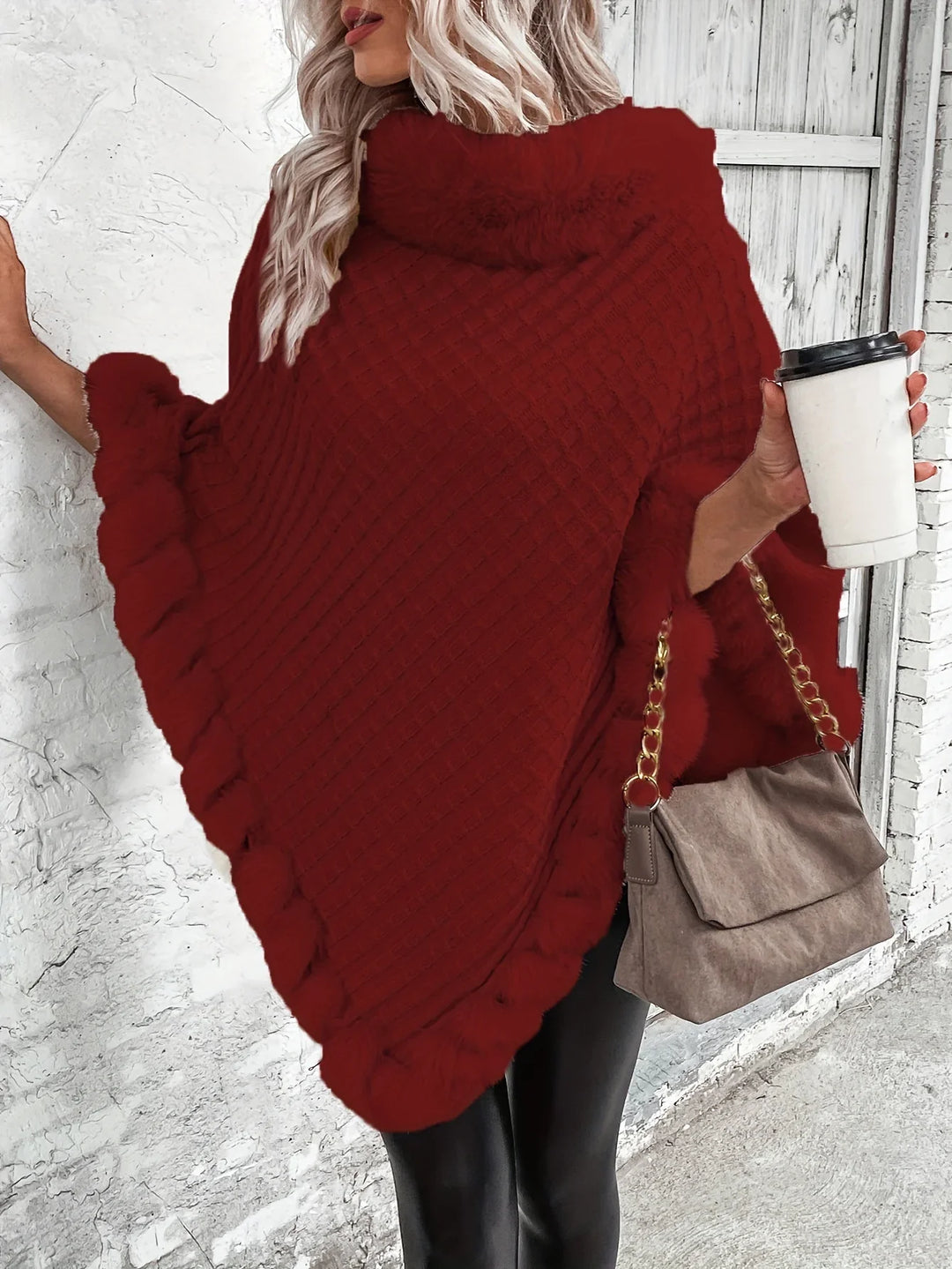 Dames poncho | Gebreide winter cape met bontkraag