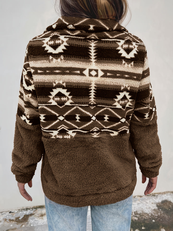 Dames sweater | Teddy fleece trui met halve rits en aztec print