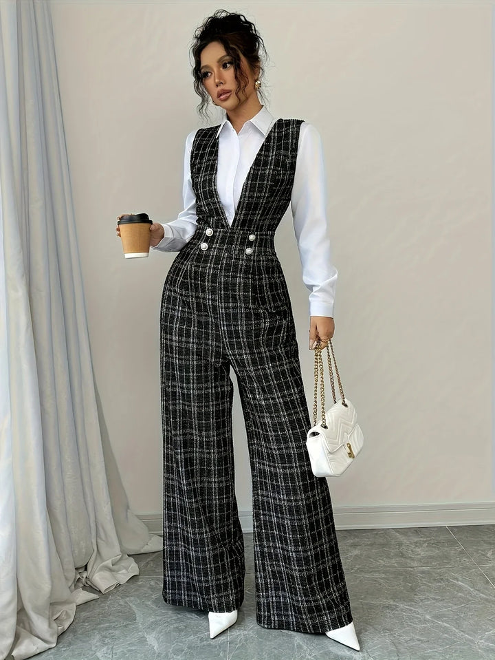 Dames jumpsuit | Ruit broekpak met v-hals en wijde pijpen