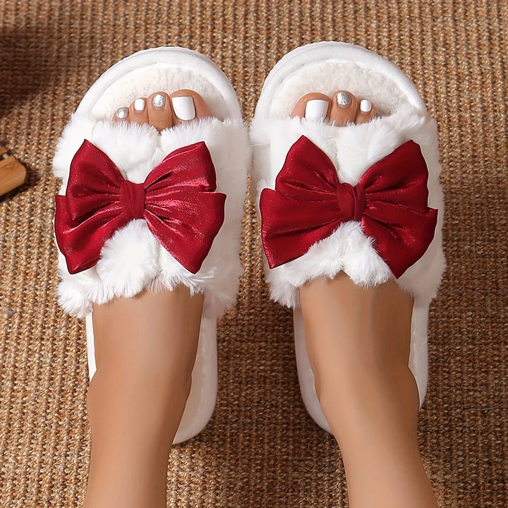 Dames pantoffels | Fluffy sloffen met strik en warme voering