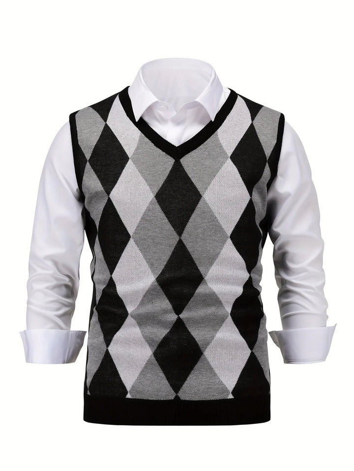 Heren pullover | Gebreide v-hals trui zonder mouwen met ruitpatroon