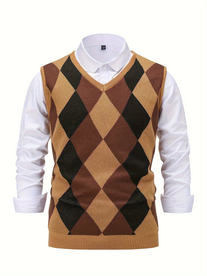 Heren pullover | Gebreide v-hals trui zonder mouwen met ruitpatroon