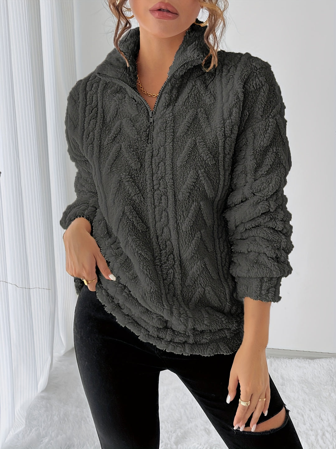 Dames fleece trui | Zip-up sweater met capuchon en lange mouw
