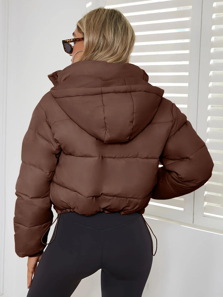 Dames puffer bomberjack | Beige gewatteerde winterjas met hoge kraag