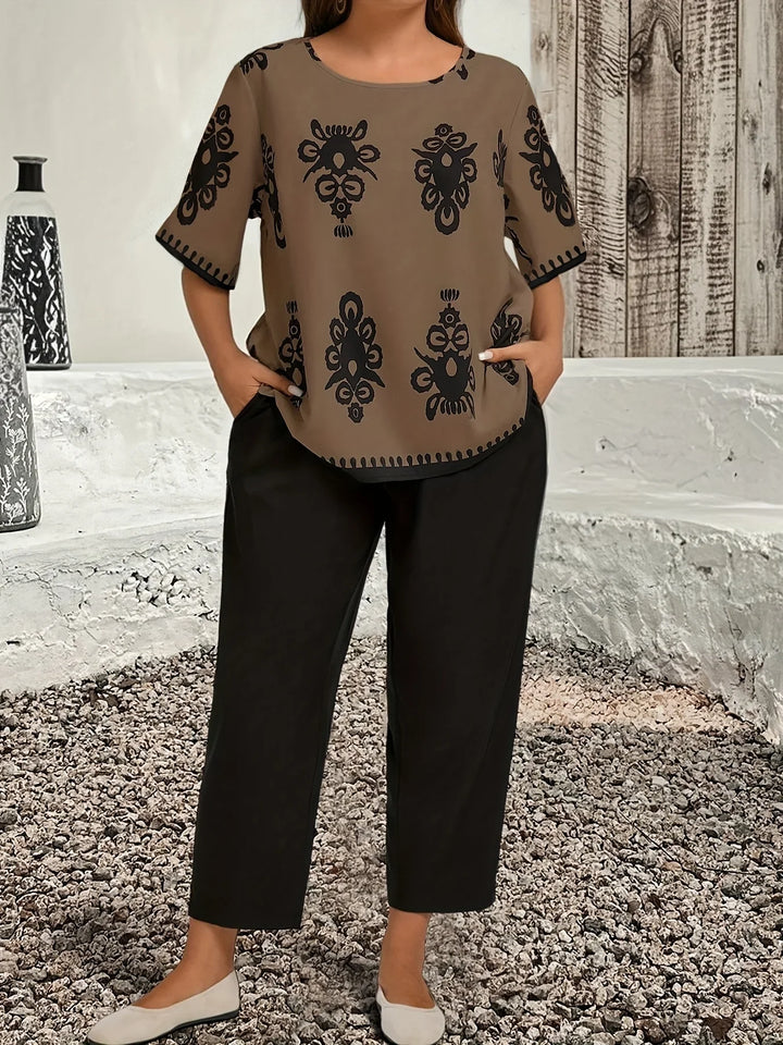 Dames set | Plus size co ord outfit met print top en broek