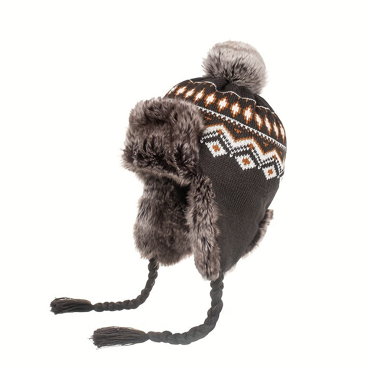 Noorse gebreide wintermuts | Met oorflap, pompon en warme fleece voering