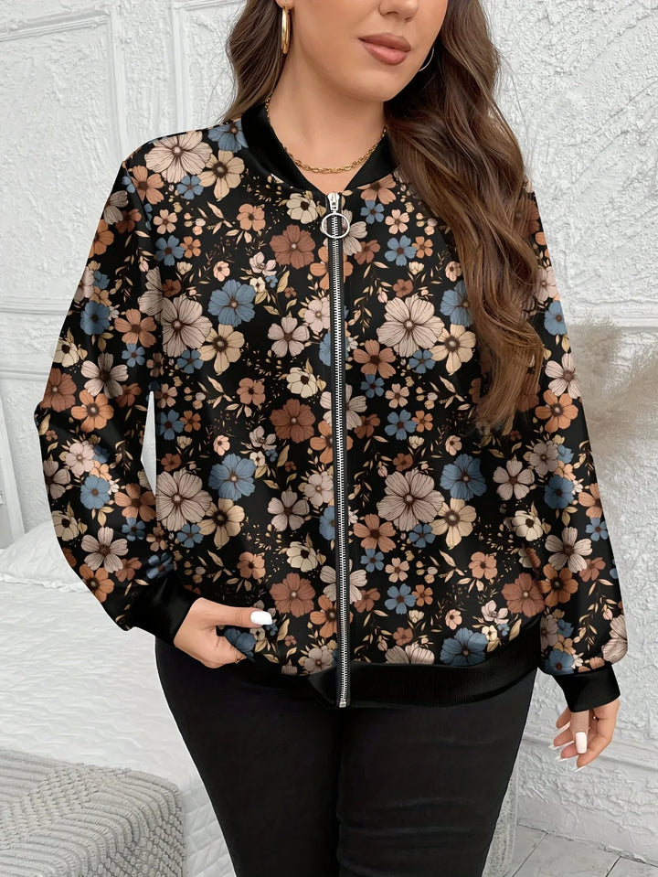 Dames bomber jacket | Zwarte bloemen jas met rits en lange mouw