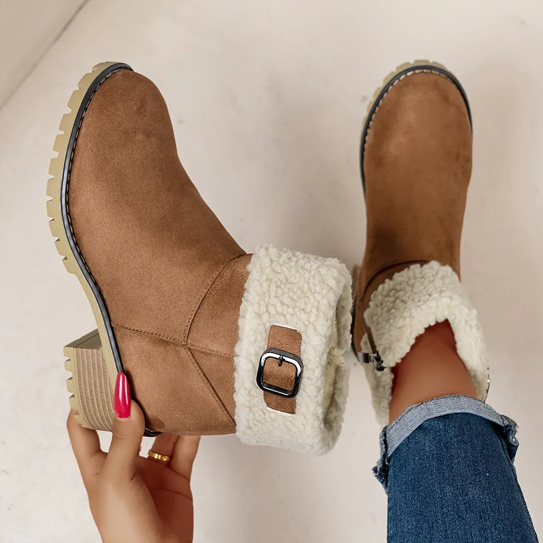 Dames enkellaarsjes | Paarse laarsjes met fleece voering en gesp