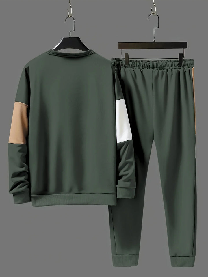 Heren trainingspak | Beige colorblock sweater met joggingbroek