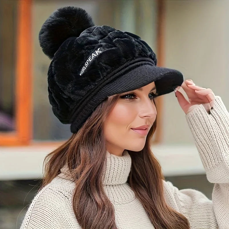 Muts dames met klep | Elegante gebreide winter baret met pompon