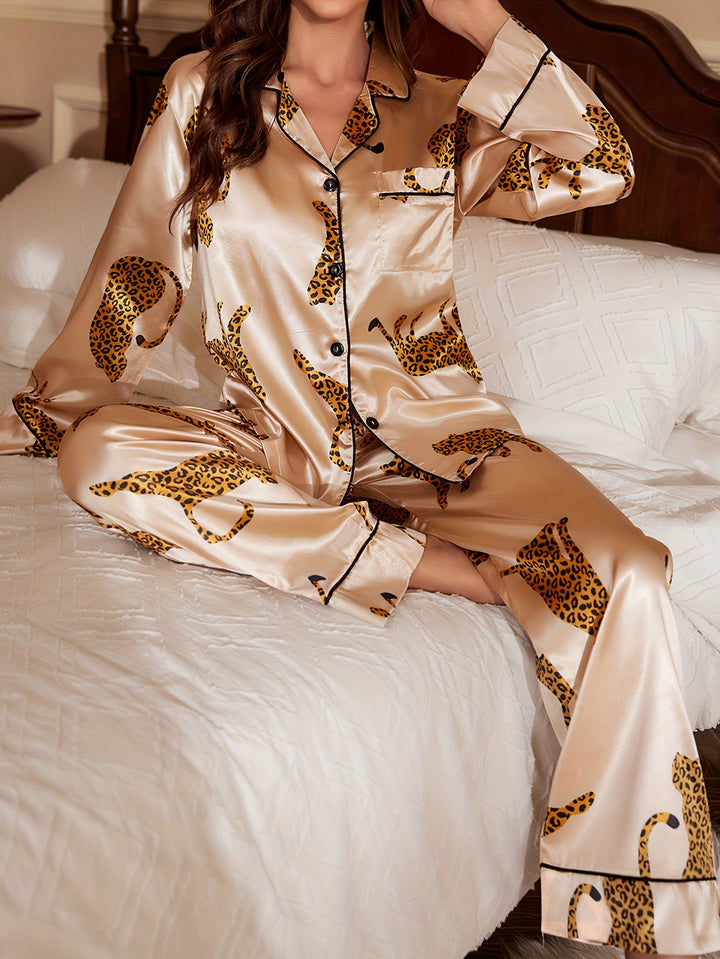 Dames pyjama set | Satijnen pyjama met luipaardprint