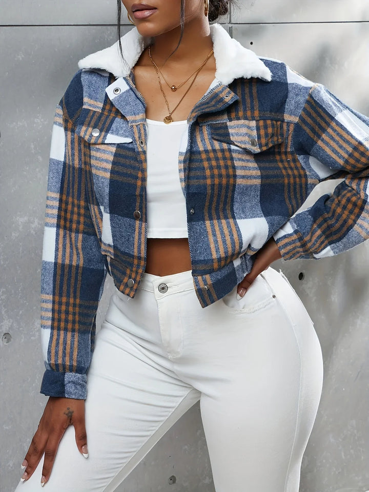 Dames bomberjack | Cropped ruit jas met kraag en knopen