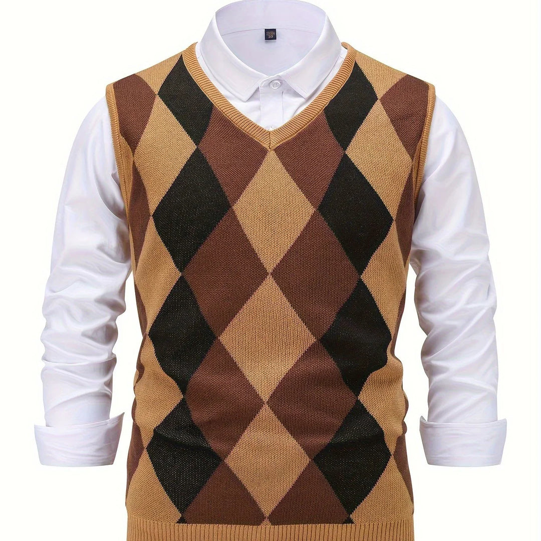 Heren pullover | Gebreide v-hals trui zonder mouwen met ruitpatroon